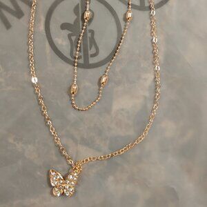 Gold Plated Double Chain Butterfly Necklace. New